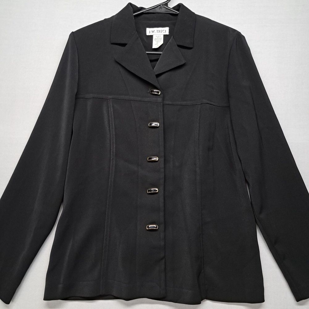 Vtg J.W. Treci Blazer Women's Sz 10 Button Shoulder Pads Black Short Sleeve